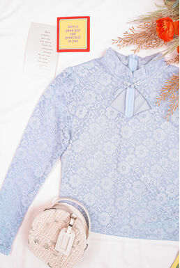 Keyhole Full Lace Long Sleeve Cheongsam Top (Light Blue)
